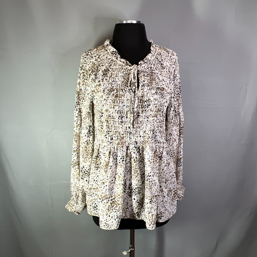 Rose + Olive Smocked Peplum Blouse Womens M Multicolor Animal Print Tie Front